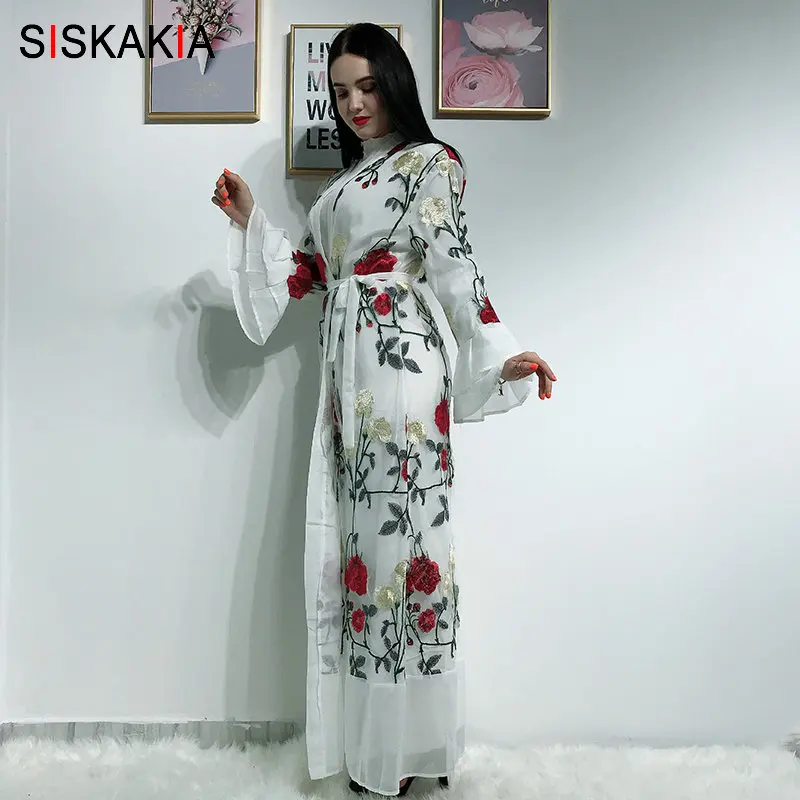 Siskakia роскошное кружевное платье абайя с вышивкой, модное платье с расклешенными рукавами, Дубай, кардиган, халаты, лето, Исламская одежда