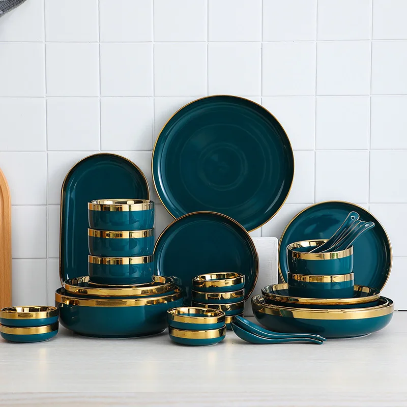

Nordic ceramic tableware luxury plate set, peacock green creative lamp home dinnerware set