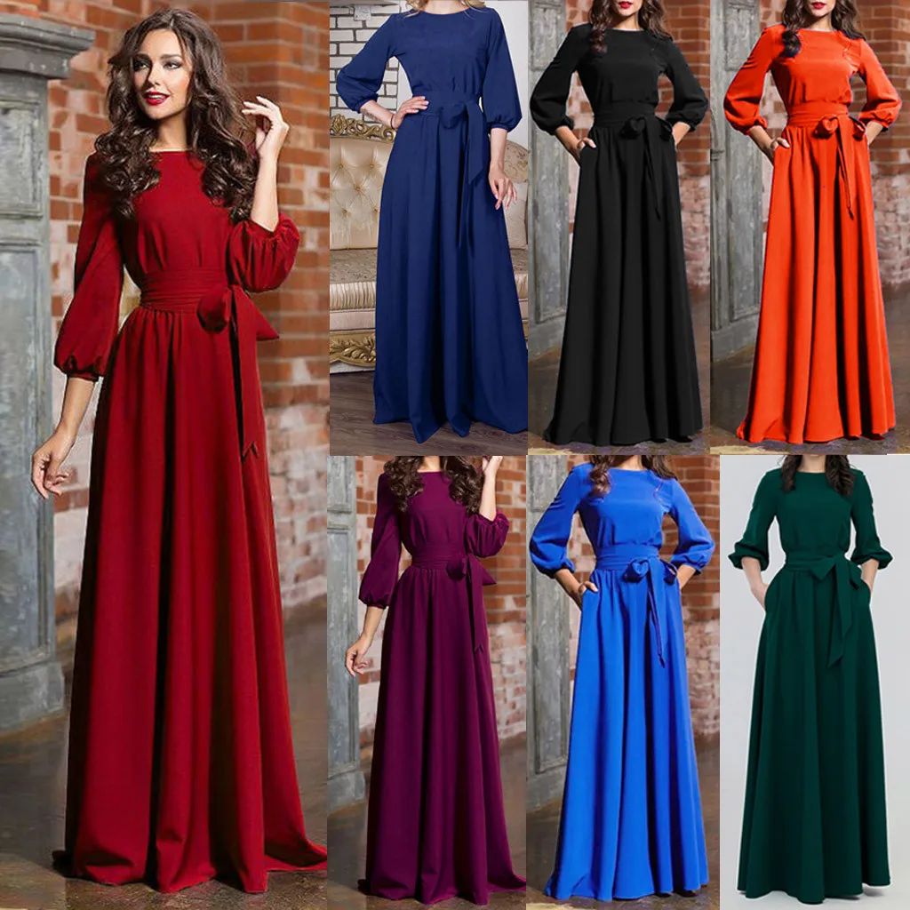 

Women Summer Casual Party Dress Lantern Sleeve Solid Long Dresses With Belt