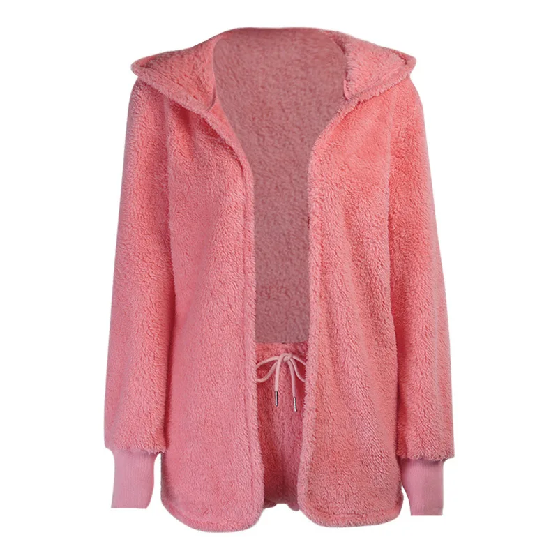 

Cross border new hairy Hooded Sweater Shorts Set solid color sexy shorts 2-piece set