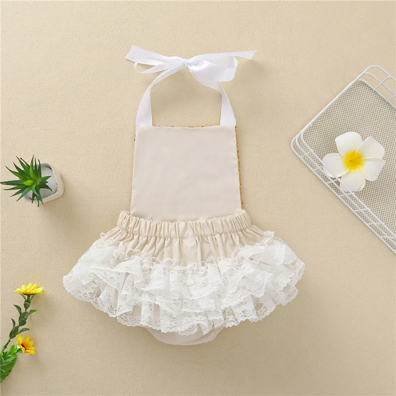 

Newborn Tie Up Halter Romper Summer Toddler Backless Golden Sequin Lace Trim Playsuit