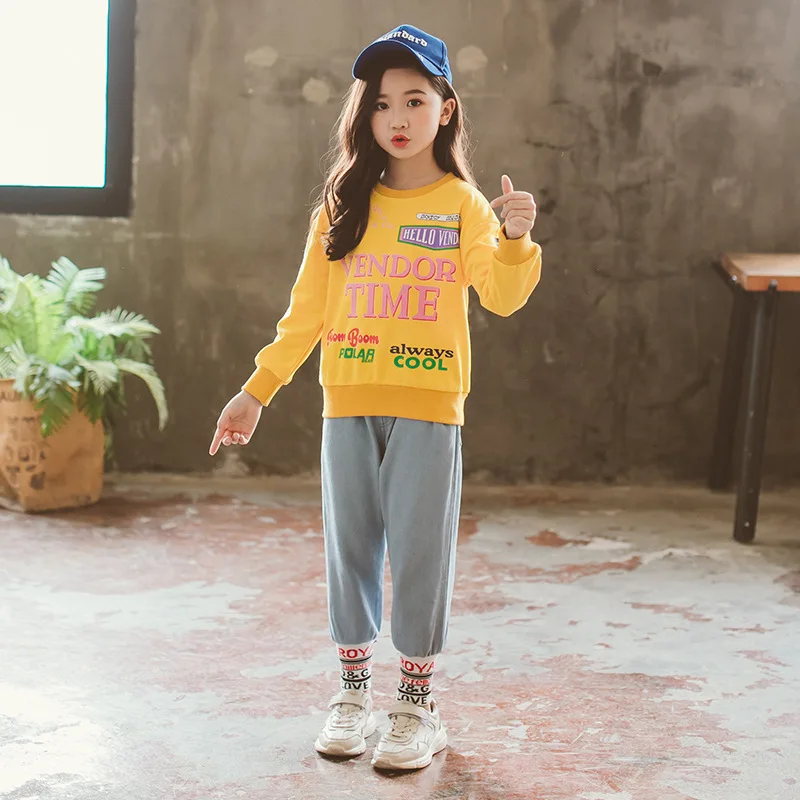 

Printing Spring Autumn Girls Clothing SuitsSweatshirts Jean Pant Pullover Kids Cotton Outwear High Quality Two Piece