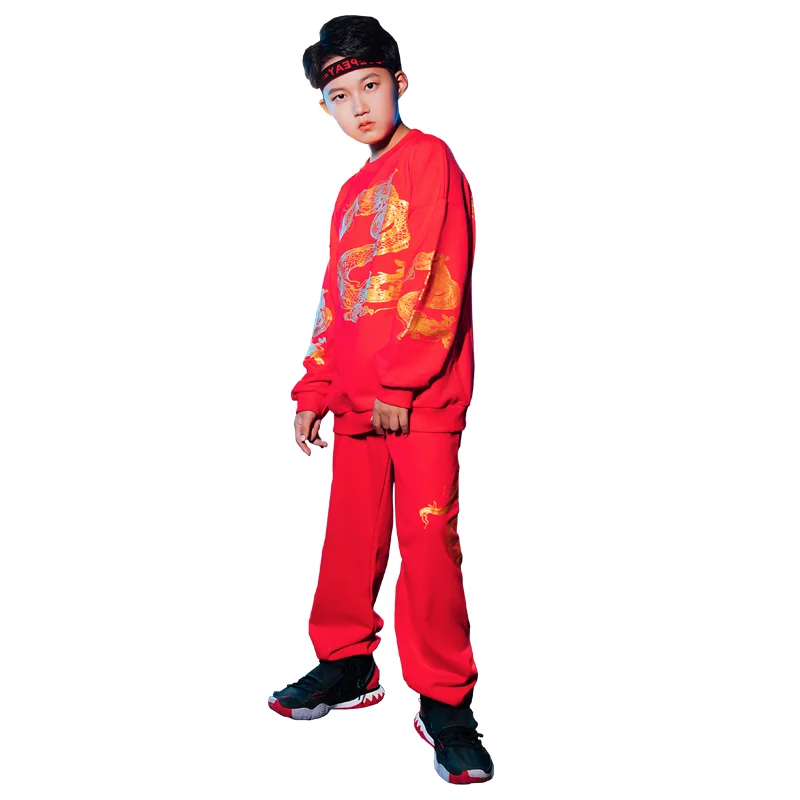 

2020 Children'S Hip-Hop Costumes Loose Chinese Style Sweaters Hiphop Suit Black/Red Outfits Jazz Street Dance Rave Wear DN6921