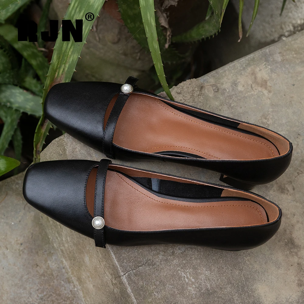 

RJN 2021 Spring New Women's Pumps Fashion All-Match Genuine Leather Square Toe Simple Pearl Shallow Slip-On Ladies Shoes RO679
