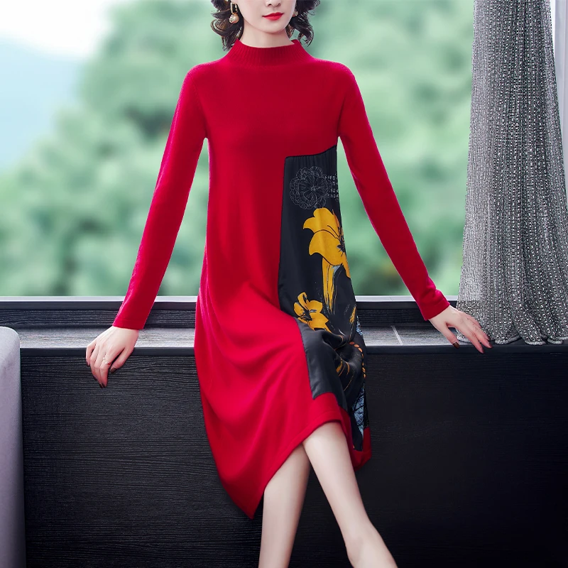 Осенне-зимнее длинное красное платье в европейском и американском стиле