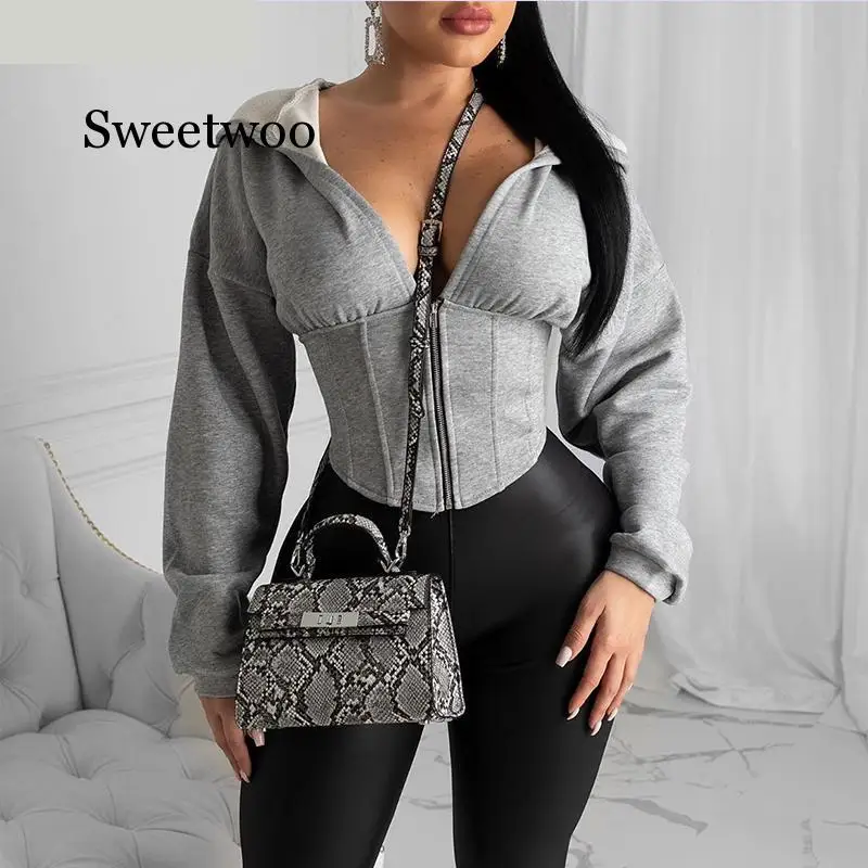 Женская толстовка на молнии SWEETWOO повседневная однотонная Толстовка с длинным