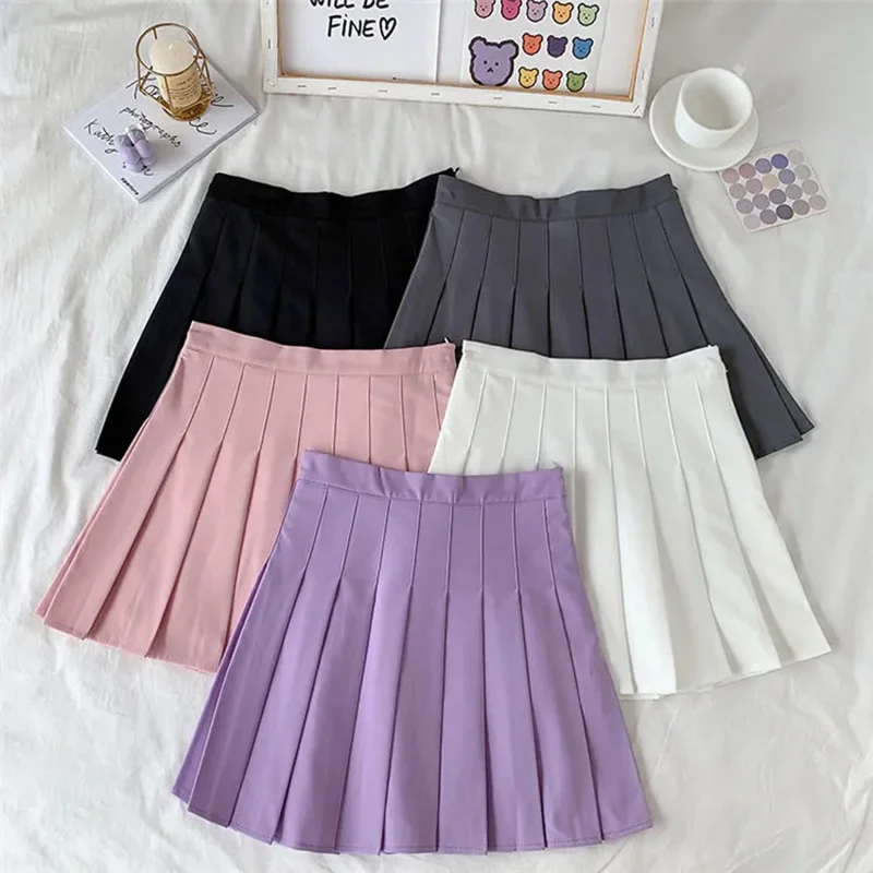

2021 New Black Skirt Female Summer High Waist gothic Anti-Glare A-Line Pleated Skirt Short Skirt Purple Ins Tide Skirt