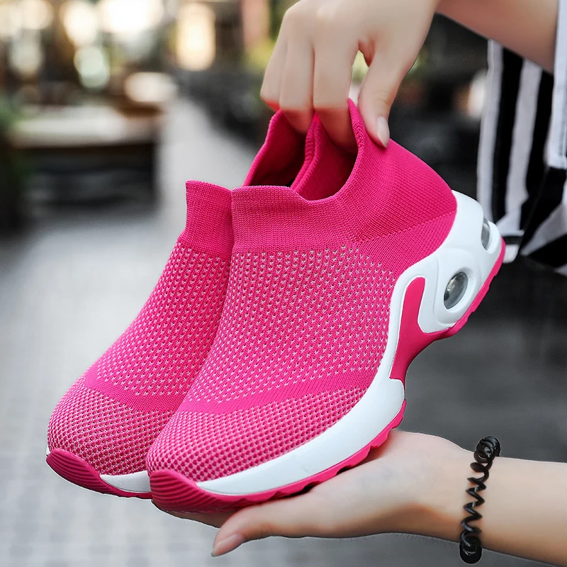 Women's Sneakers Fashion Breathable Walking Shoes Sport Slip-on Air Cushion Lightweight Socks Shoes Solid Color