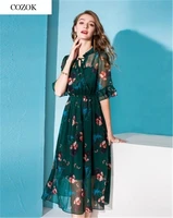 high quality green midi dress 2021 summer 100 pure silk print floral elegant dress casual style vacation beach dress vestidos