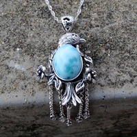 silver owl pendant 925 sterling silver natural larimar pendant women man owl pendant for gift