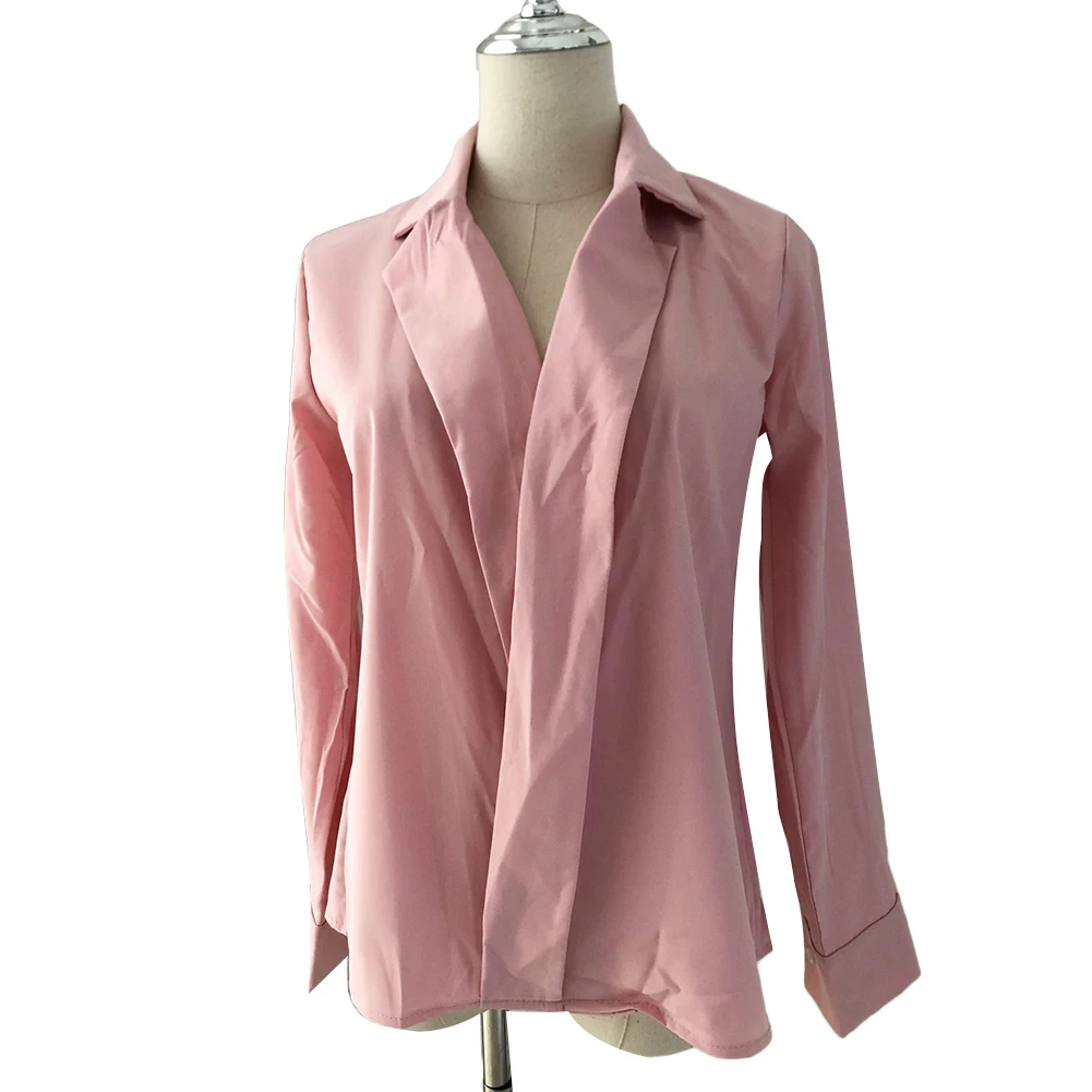 

Women Solid Color V Neck Long Sleeve Cross Wrapped Blouse Loose Office Shirt