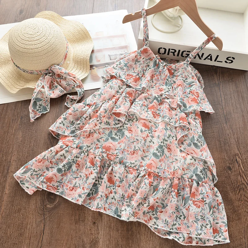 

2020 New Casual Girls Dresses Summer with Hat 2 Piece Suit Children's Clothes Kids Girls Party Princess Print Dress Vestidos