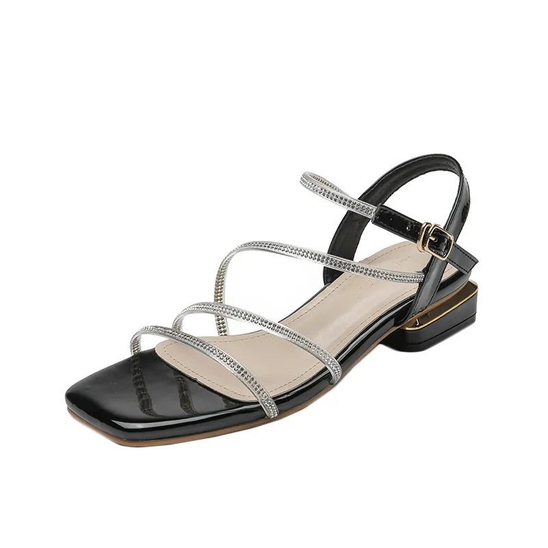 

Block Heels Rhinestone Sandals Black Shoes for Women Med Buckle Strap 2021 Summer Chunky Beige Medium New High Fashion Comfort G