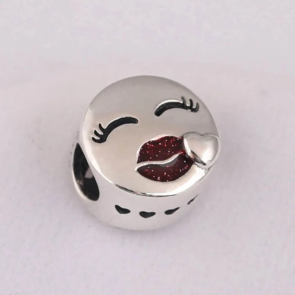 

S925 Silver Charms Bead fit Lady Bracelets & Bangles Kiss Charm Cerise Glitter Enamel DIY Jewelry