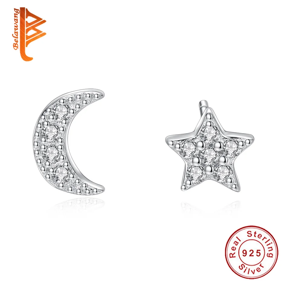 

925 Sterling Silver Shining Crystal Star Moon Studs Earring Delicate Tiny Earring For Women Kid Party Gift Trendy Jewelry