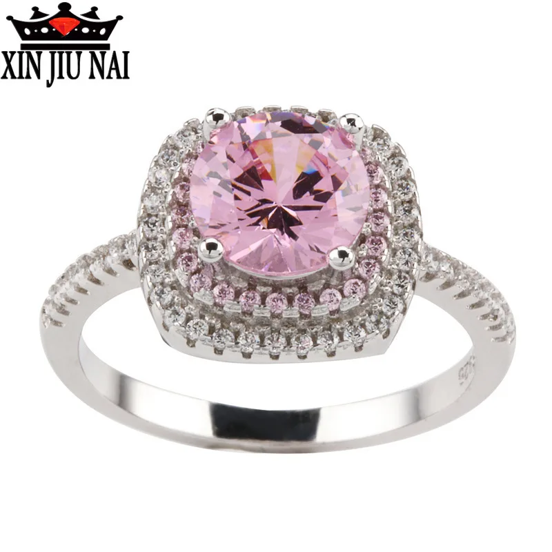 

925 sterling silver Luxury luxury women's micro inlaid zircon ring Princess girl is a square pink diamond street fashion jewelry