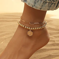 new product paper clip letter anklet set fashion personality beach geometric multi layer footwear 2 piece set female