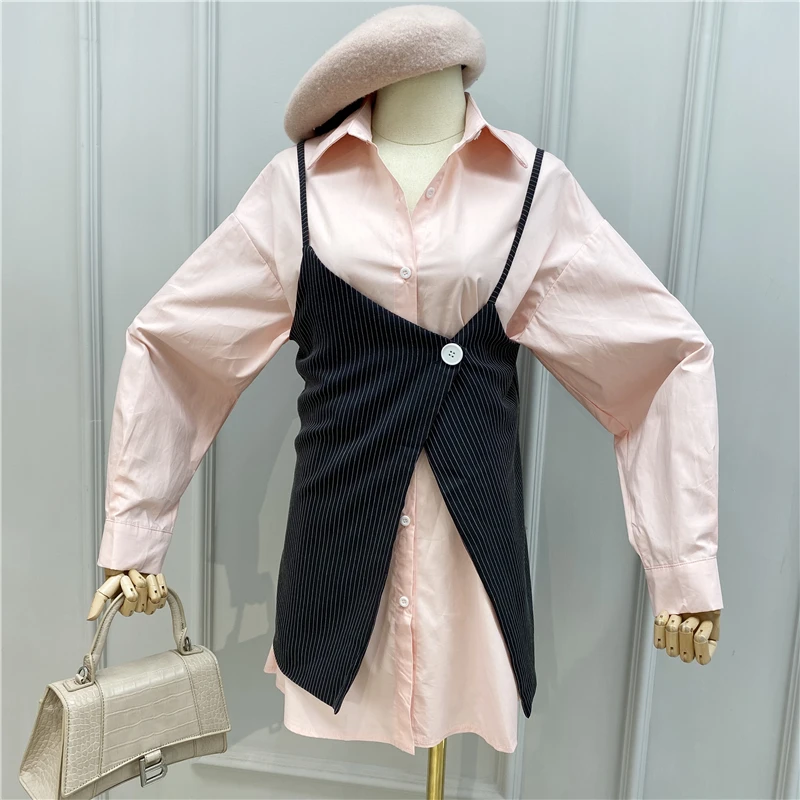 Женский жилет в полоску + свободное платье Корейском стиле сезон весна-лето