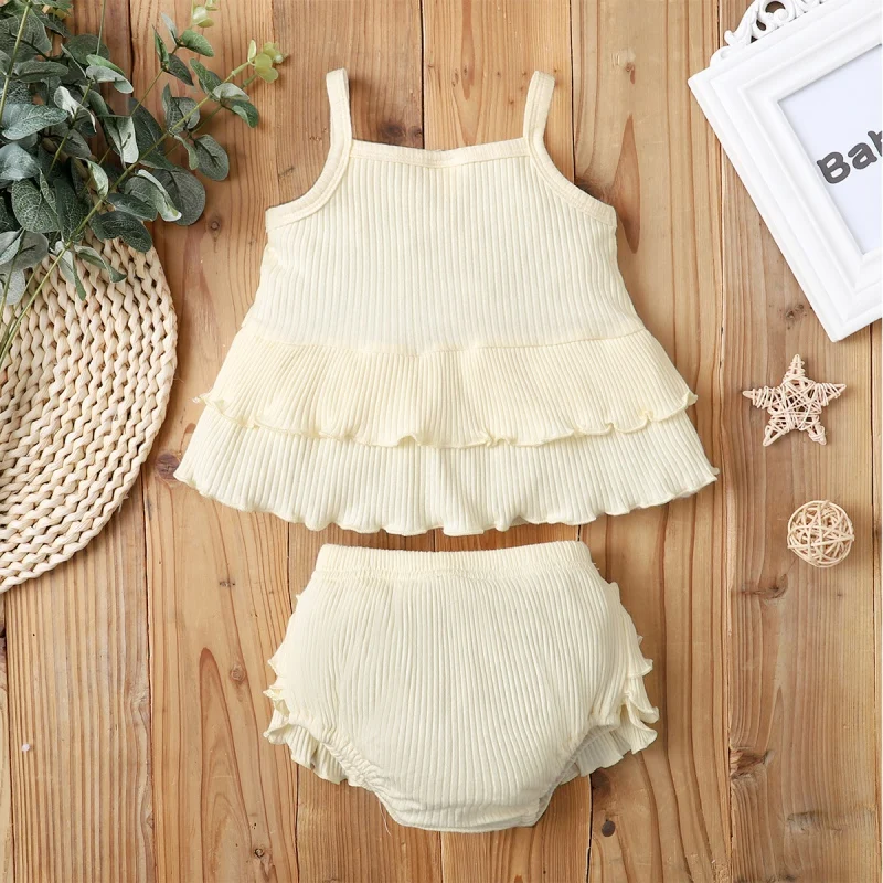 

Newborn Baby Girls Casual 2 Piece Outfit Sets Summer Sling Solid Color Tops + Shorts Suits Infant Children Kids Girl Clothes