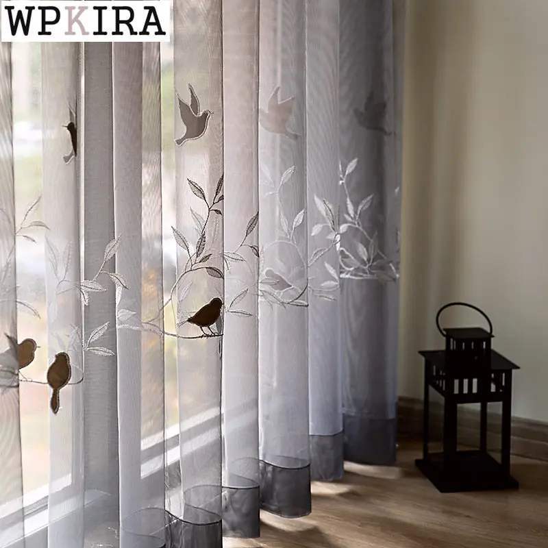 

Modern Grey Embrodiery Bird Curtain for Living Room Sheer Drape Mesh Kitchen Bay Window Voile Partition Blinds S006#E