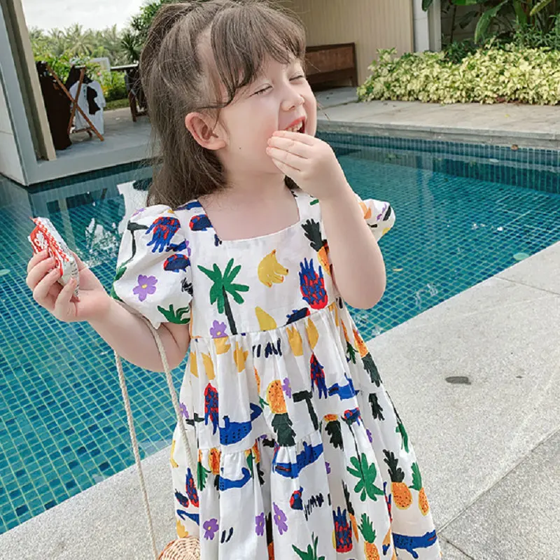 Милое Платье с принтом для девочек Летнее платье фруктовыми животными Хлопковое