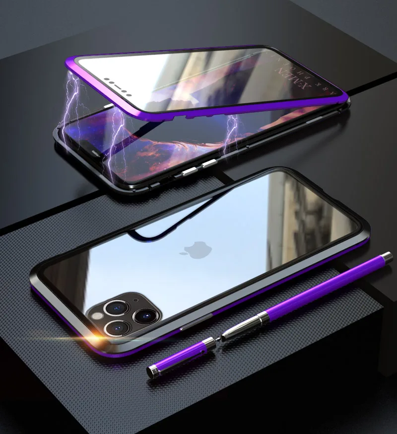 Двойной чехол из закаленного стекла для iPhone 11 Pro Max чехол с металлической рамкой Магнитный противоударный чехол для iPhone 11 Pro Max Shell