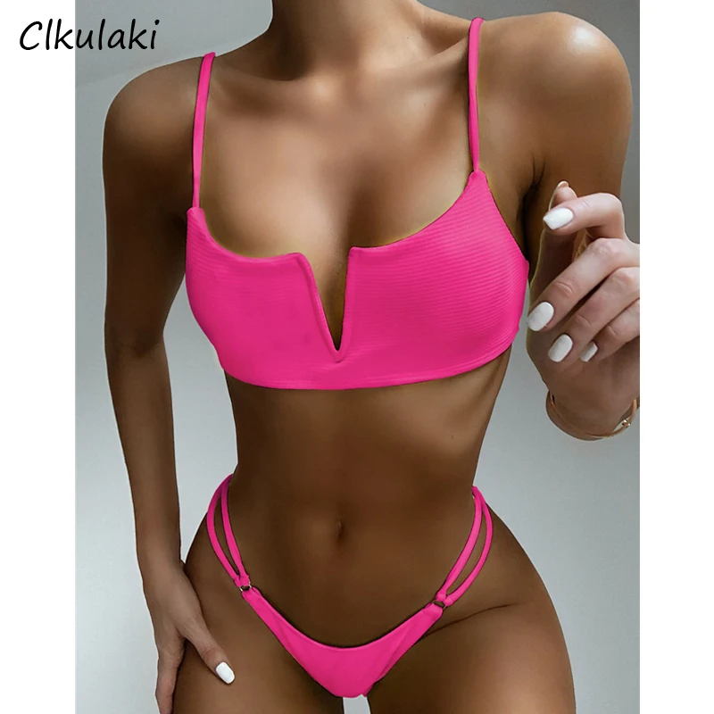 

Sexy Solid Bikinis Swimwear Women's V-Neck Swimsuits 2021 muje Brazil Biquini Push Up Bathing Suits Summer Beach Swim Bikini Set