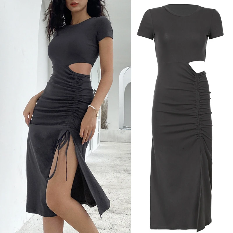 

Women Sexy Short Sleeve Long Beach Bodycon Party Midi Dress Side Slit Hollow-Out Ruched Drawstring Club Robe Slim Tank Vestidos