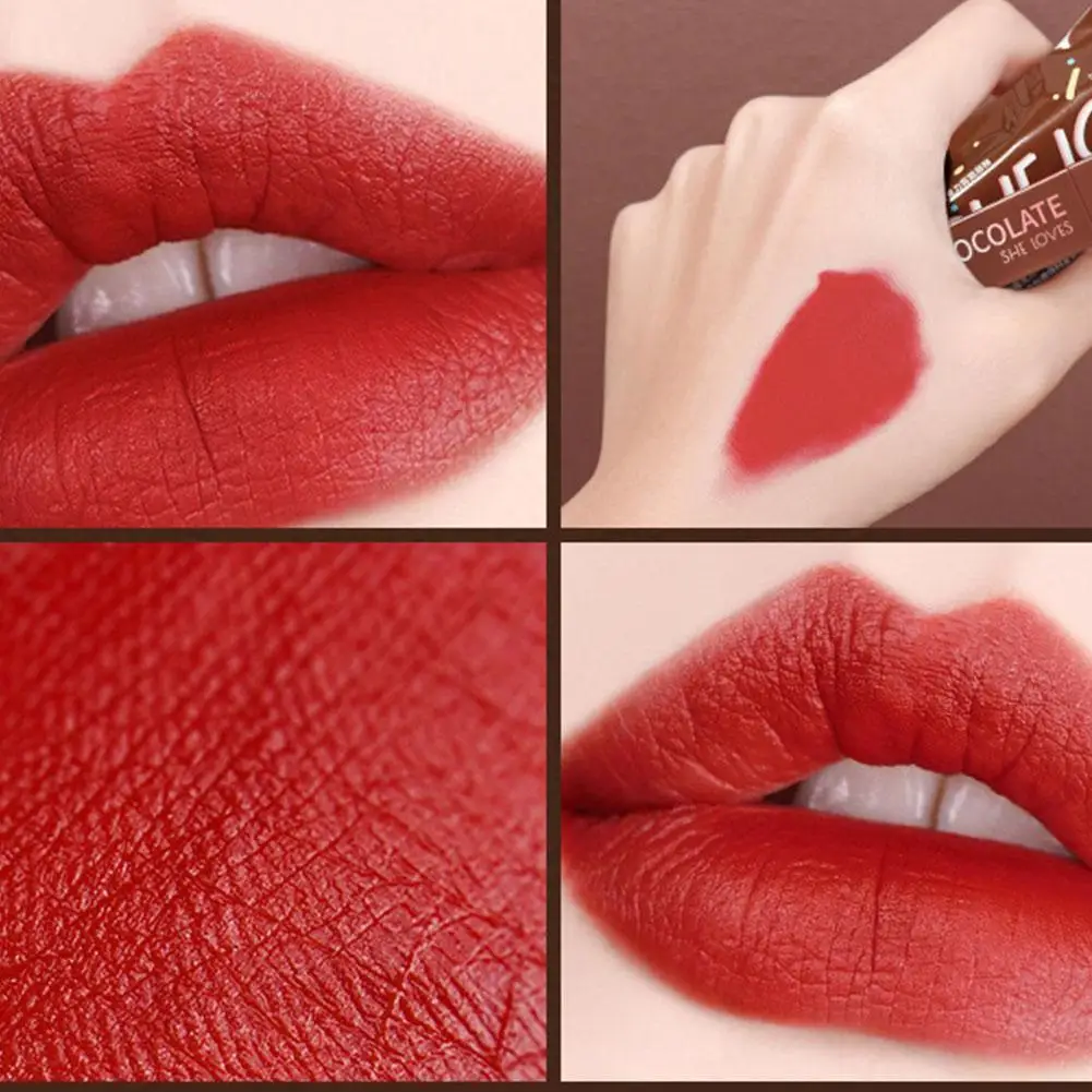 

1Pcs Chocolate Matte Lip Glaze Velvet Non-Fade Lipstick Smooth Lip Gloss Sweet Waterproof New Lasting Girl 2021 Supplies Ma F5B3