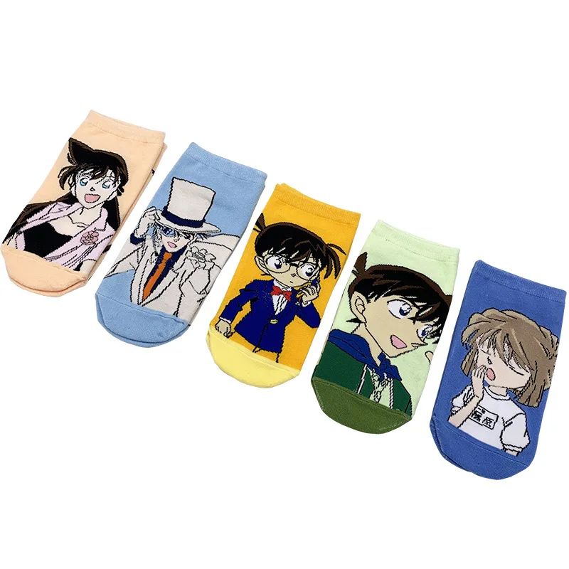 5 Pairs/Set Men Socks Japanese Anime Conan Ladies Boat Socks Breathable Sweat-absorbent Couple Socks Fashion Cartoon Socks