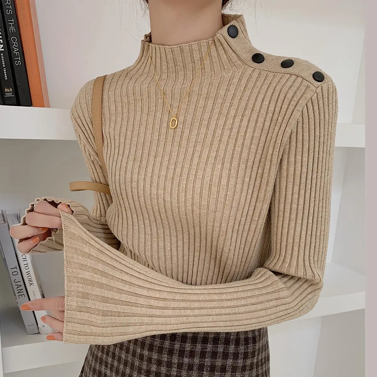 

Shoulder Buckle Bottoming Knitted Sweater Women Slim Solid Color Thick Half High Neck Inside Knitwear Casual Pullovers Tops