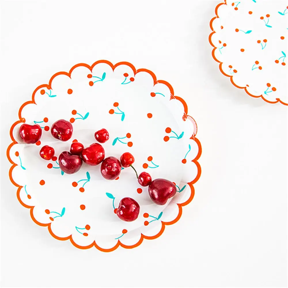 Fruit cherry printed plate lace paper tray family party tableware birthday summer fresh round | Дом и сад