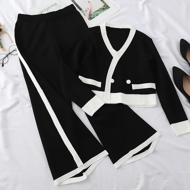 

Women's Fashion New V-neck Top + Wide-leg Pants Knitted Two-piece Suit