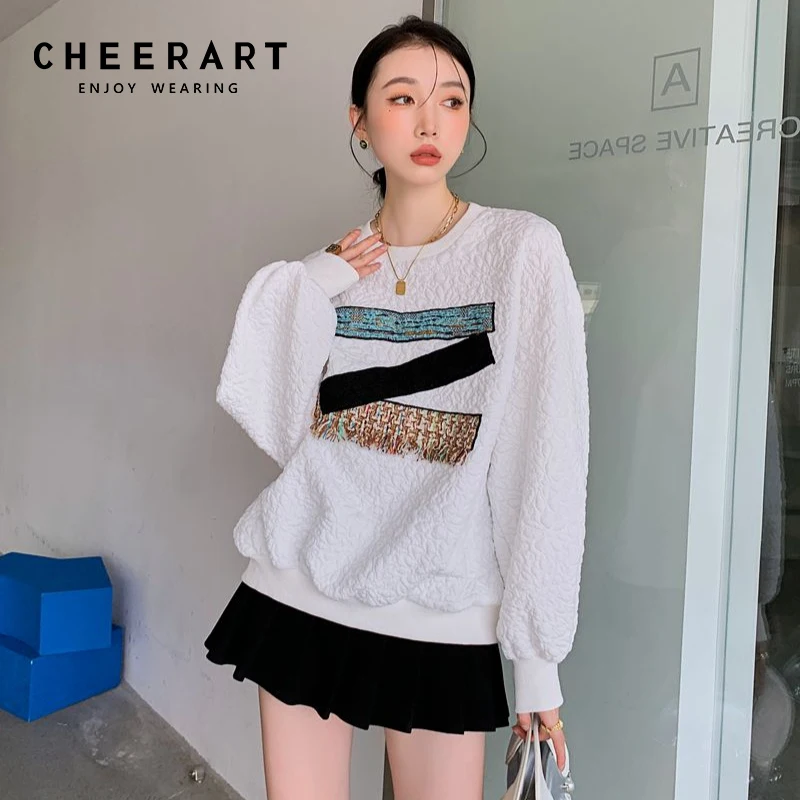 

CHEERART текстурная толстовка с круглым вырезом белые толстовки большого размера женские пуловеры с нашивками толстовки спортивный костюм кор...