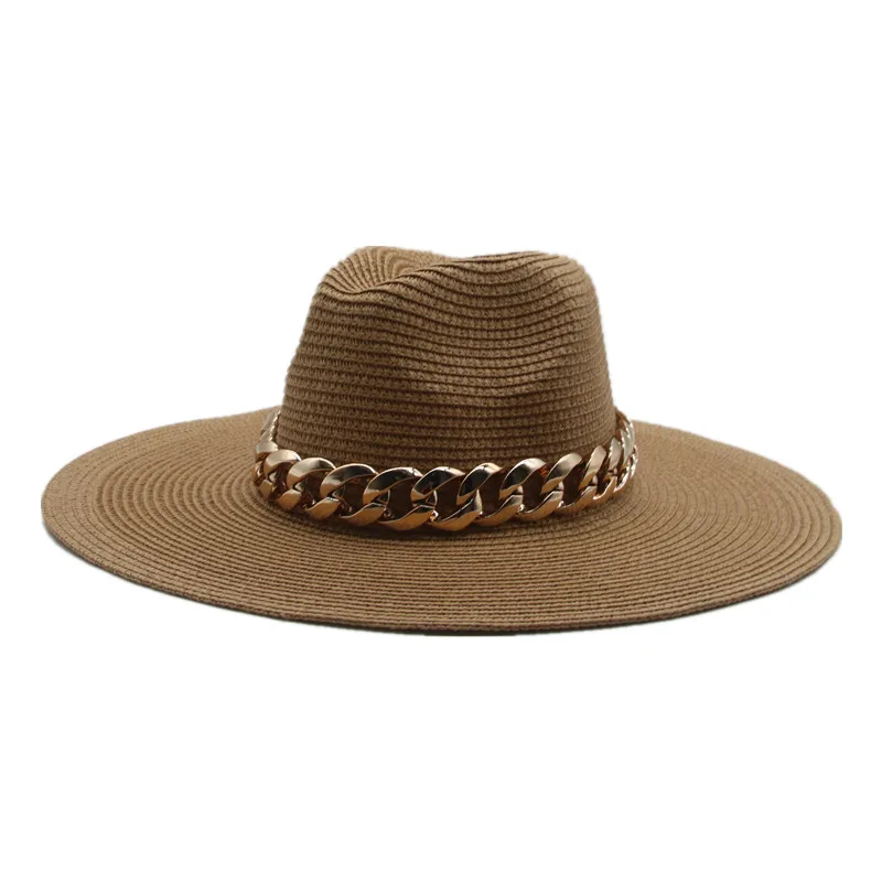 

women hats straw sun protection chain band big brim 11cm summer hats solid khaki black white men caps panama summer women hats