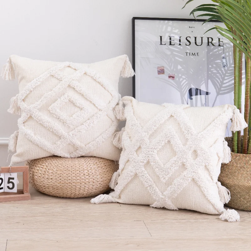 

45*45cm Sofa Home Car throw cushion cover tufted embroidery cotton canvas with Tassel Cushion Cover Decorative Pillowcover 40708