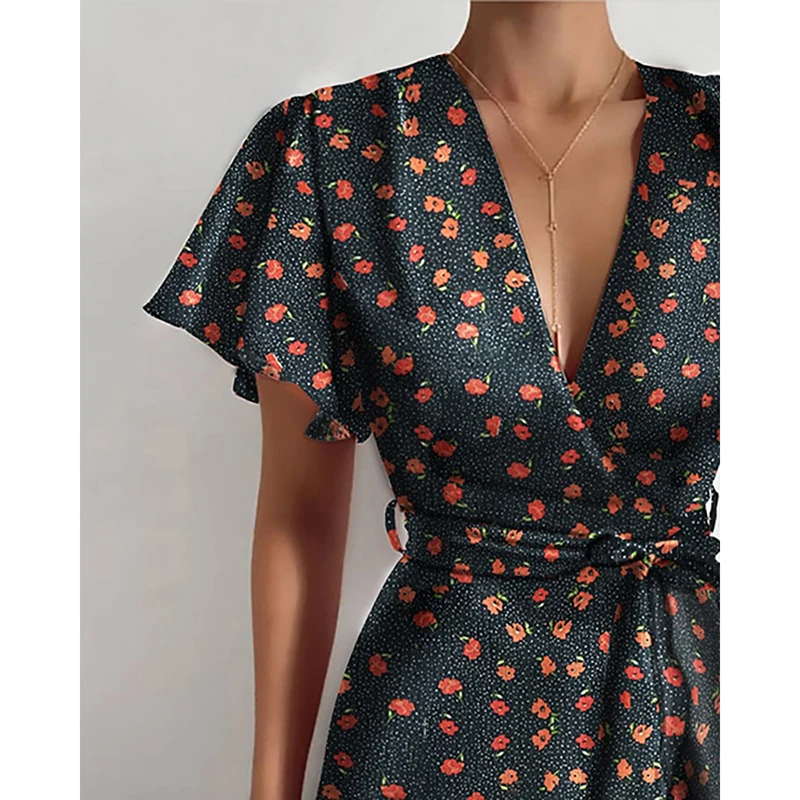 

SVOKOR Red Print Ruffles Belt Wrap Women Dress Vintage Short Sleeve With Belt Female Sexy Dresses Vestidos Fashion Floral 2021