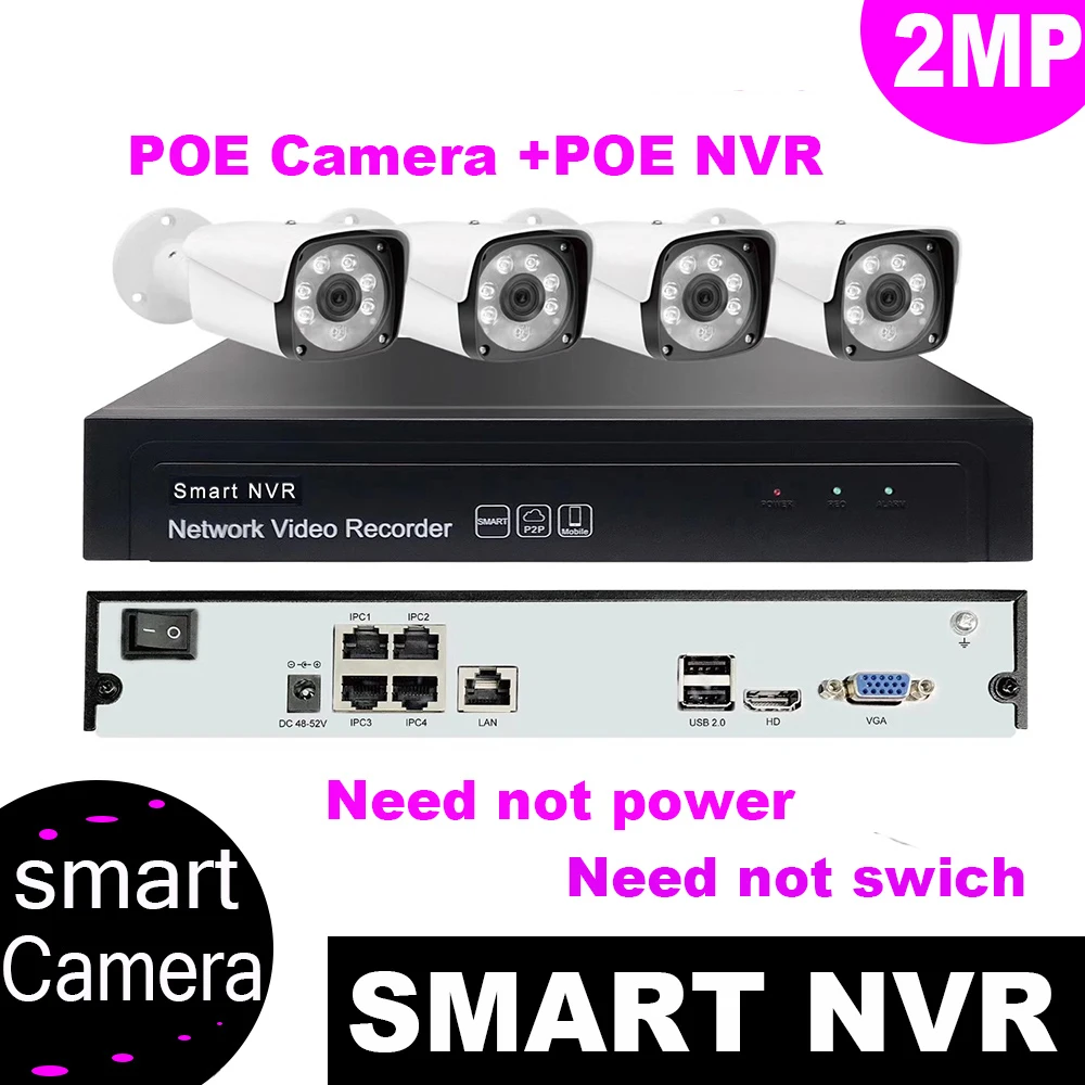 4CH 2MP POE Комплект H.265 HD 1080P Системы видеонаблюдения открытый Водонепроницаемый