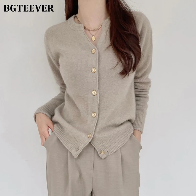 

BGTEEVER Autumn Winter O-neck Long Sleeve Female Cardigans Sweaters Elegant Ladies Single-breasted Open Stitch Knitted Tops 2021