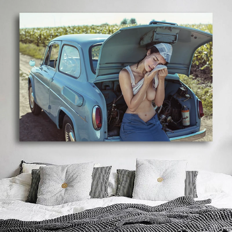 Сексуальная модель для девочек в стиле ретро Автомобиля холст печати Гостиная