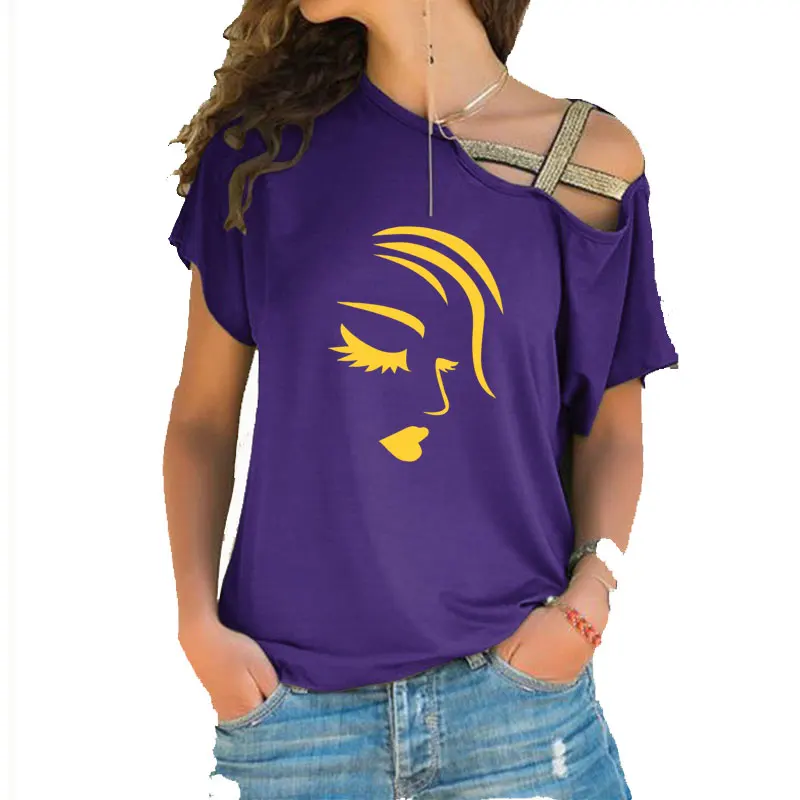 

Makeup Girl Face Sexy Lips Eyelashes Print Funny T Shirt Summer Short Sleeve Women Irregular Skew Cross Bandage cotton tees