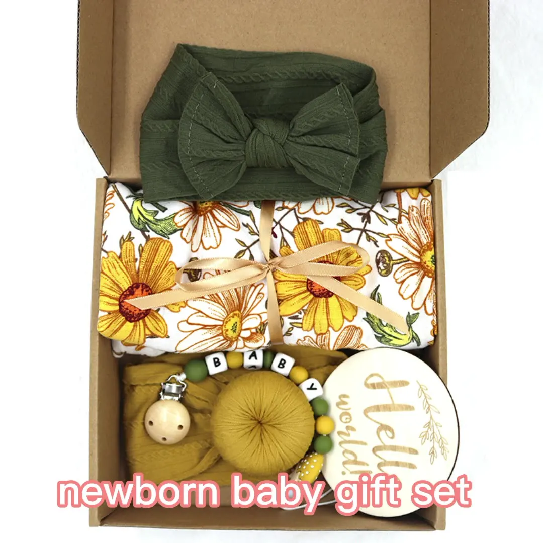 

Оптовая продажа, детский силиконовый зажим для соски, деревянная повязка на голову с маргариткой, Пеленальное Одеяло, подарочный набор для новорожденных