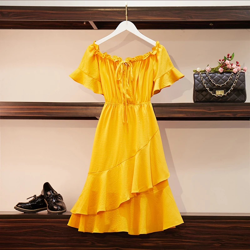 

High Quality 2009 New Yellow Chiffon Beach Skirt Sexy Show Shoulder One-character Shoulder Dress
