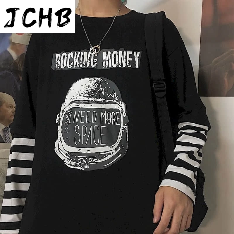 

2021 Fake Two-piece Tshirt Women t Shirt Long-sleeved T-shirt Couple Korean Top Student Bottoming Shirt Streetwear Punk Goth Top
