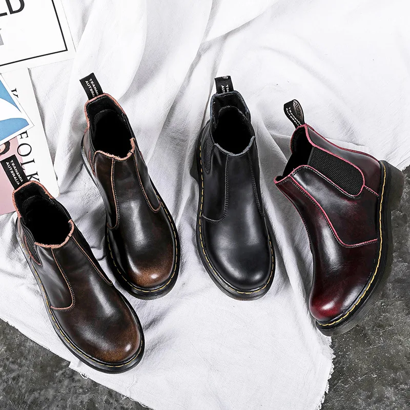 

Women's boots autumn winter 2020 Genuine Leather flat Martin boots low heel British mid-tube couple leather ankle boots women
