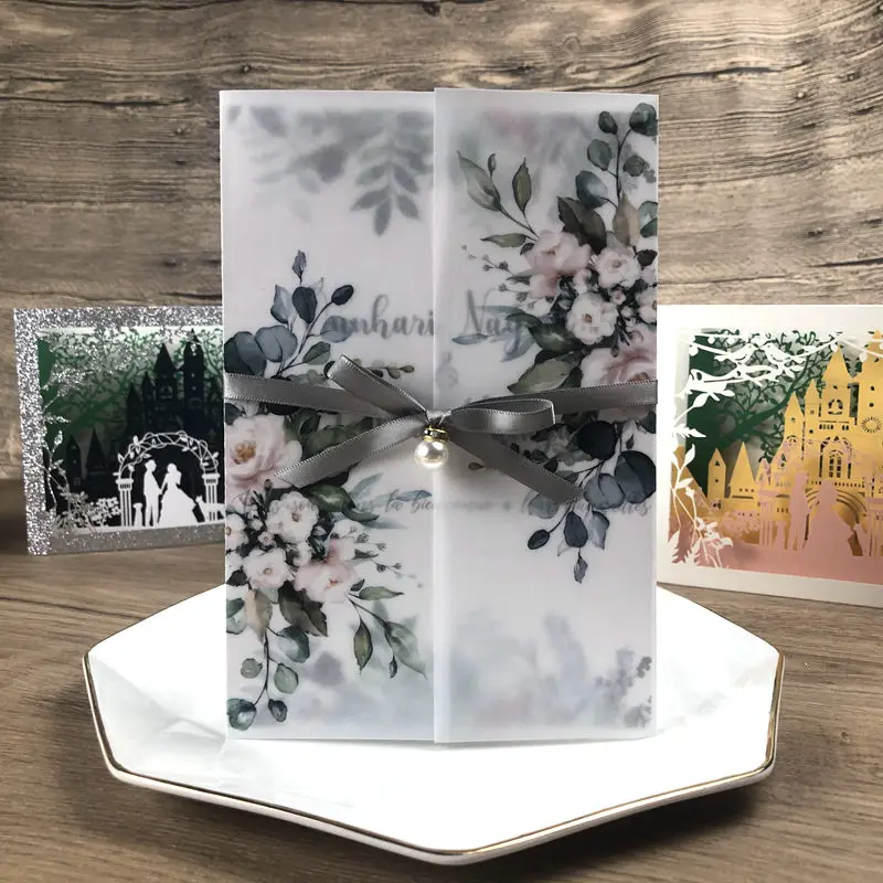 Свадебные приглашения 50X румяна розовый бархат зеленый бордовый цветок