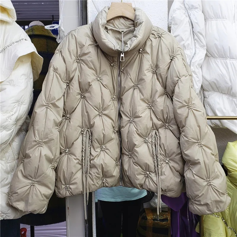 

Short Jacket Women's 2021 New Stand Collar Exquisite Rhinestone Thick Warm Winter Coat Female Black Cotton-padded Coats Outwear