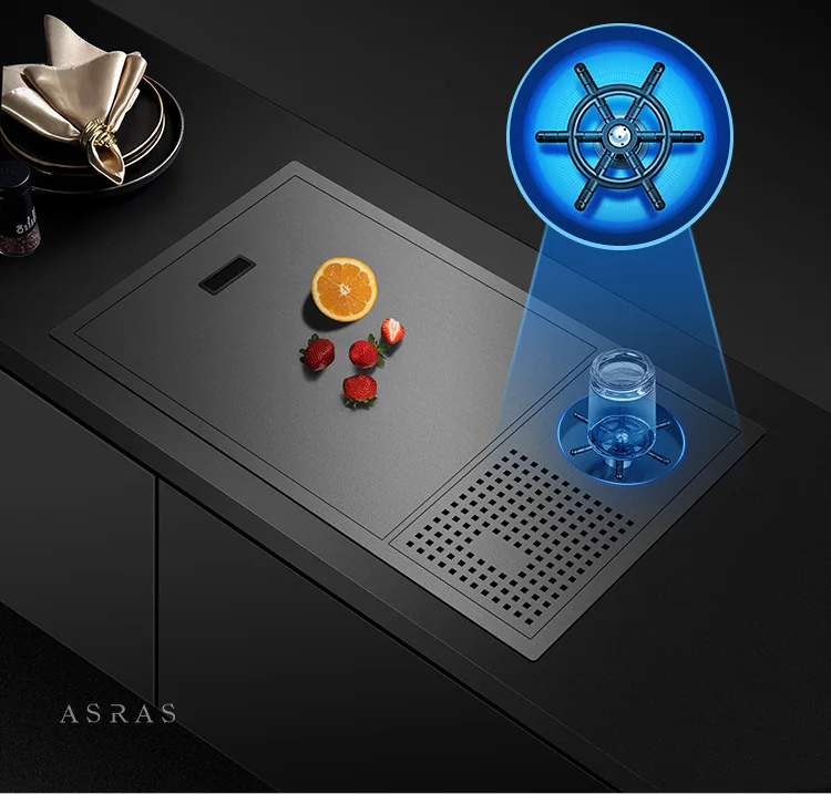 

Asras 6338NX Black Nano Kitchen Sink Stainless Steel Cup Rinser Hidden Sink Lifting Faucet High Pressure Sprinkler Glass Washer