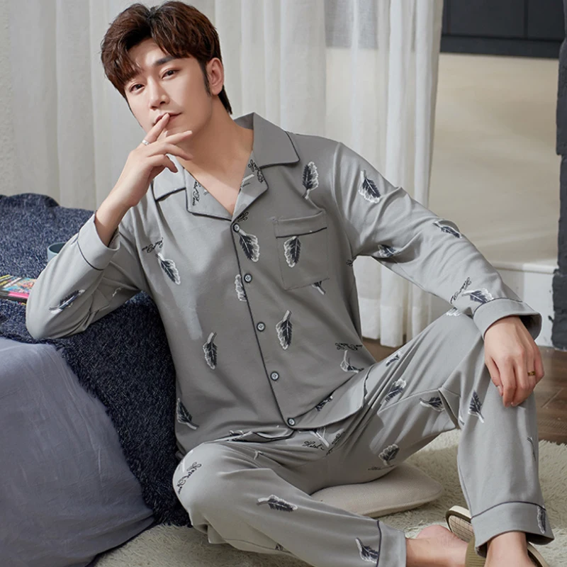 

2021 New Style Men's Pajamas Set Spring Autumn Warm Cotton men Pajamas Sets Long Sleeve Sleepwear Top +Pant Leisure Wear Cloth