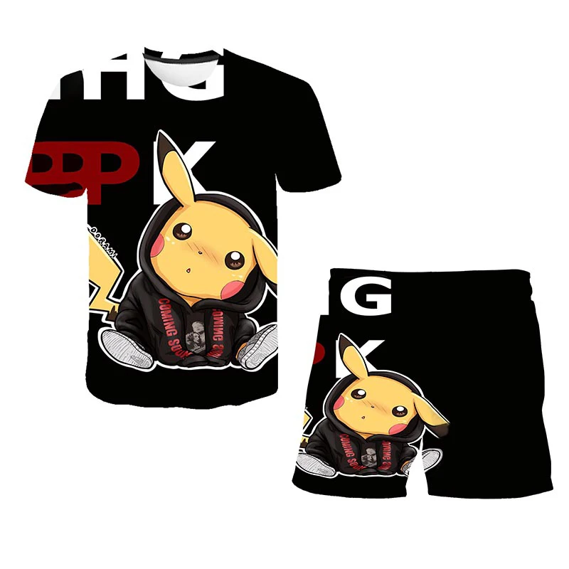 

2021New Pikachu Teens Children's 3D T-Shirt+Shorts Set Boys And Girls Summer Casual Suit Children's 3d Tshirt+Shorts Tee